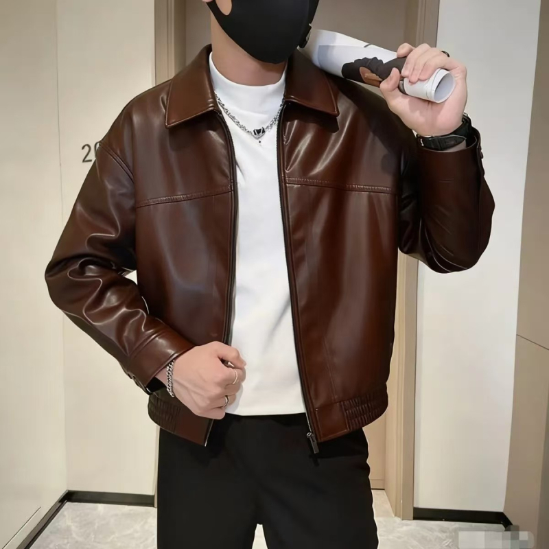 Muška PU kožna jakna, streetwear stil, ovratnik s reverom, zatvarač, širok kroj