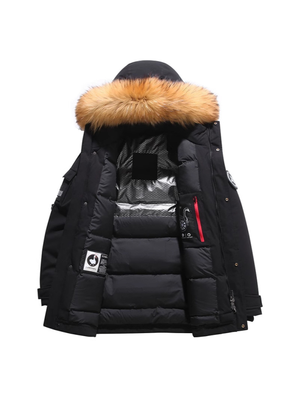 Jakna s kapuljačom, punjena bijelim gusjim perjuom; volumen punjenja 600; sadržaj kašmira 46-50%; toplinska izolacija -20°C do -5°C