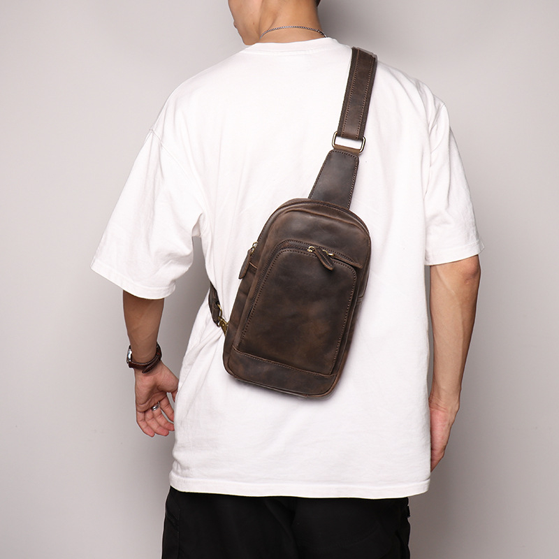 Мъжка чанта за гърдите от естествена кожа, първи слой телешка кожа, през рамо, едноцветна, подплата полиестер-памук