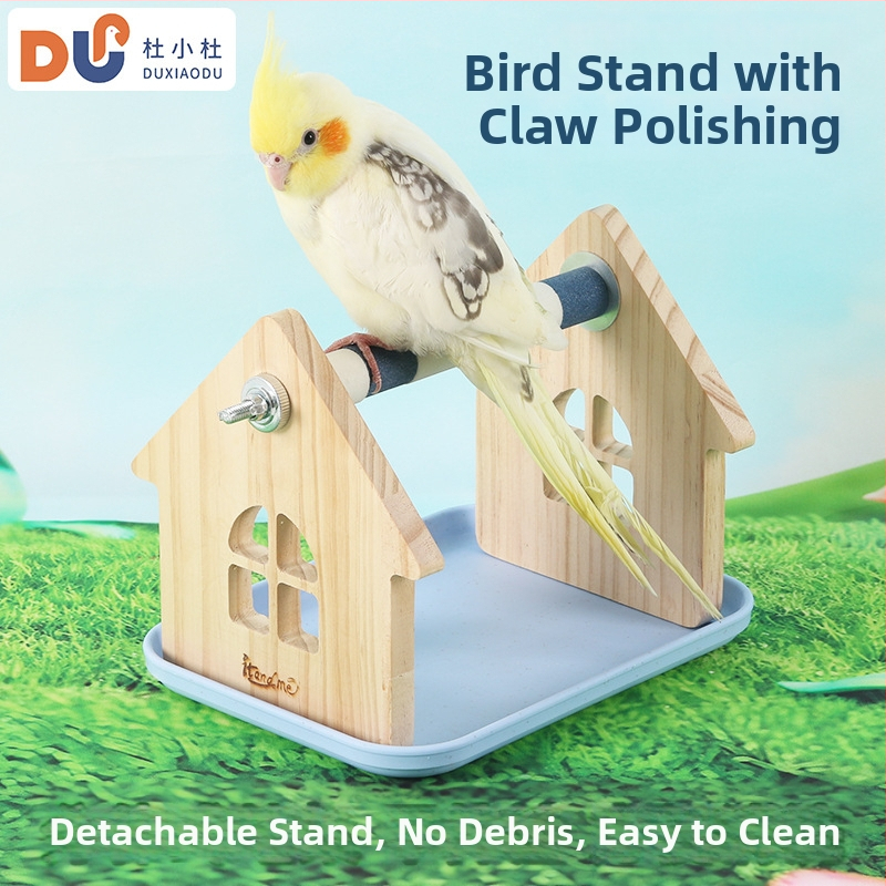 Drevený stojan na papagaja z borovice – stolný, vhodný pre malé a stredné papagaje, ľahko čistiteľný podnos
