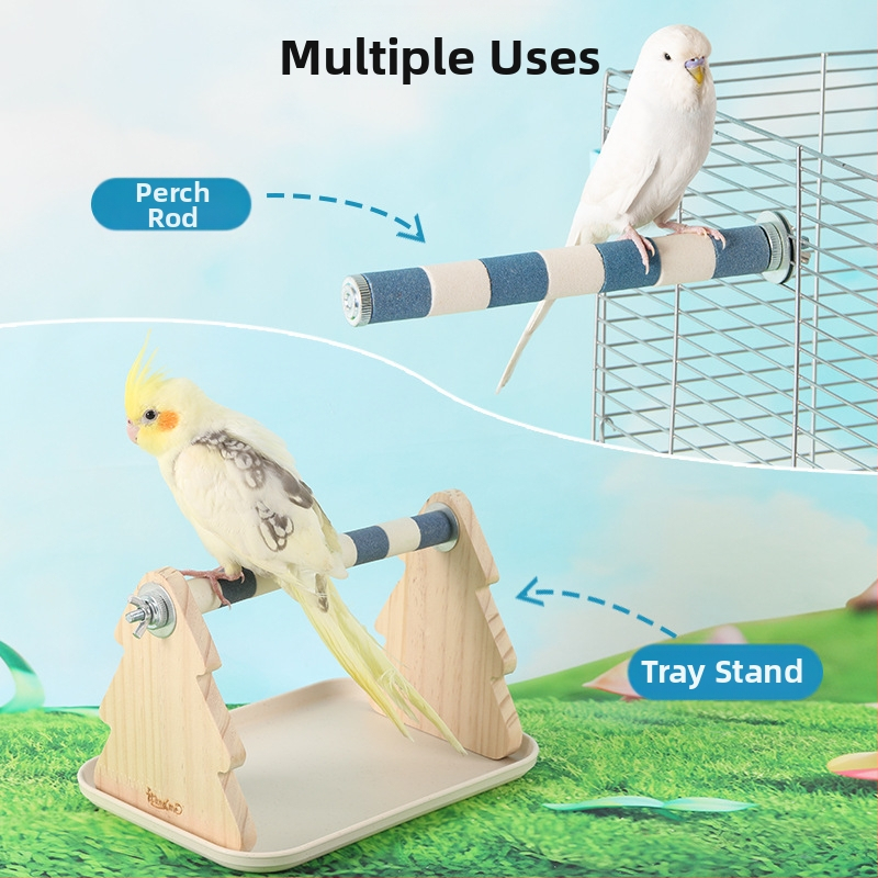 Drevený stojan na papagaja z borovice – stolný, vhodný pre malé a stredné papagaje, ľahko čistiteľný podnos