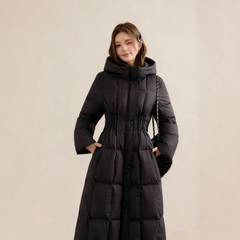 Geacă lungă cu glugă pentru femei, croială slim, umplutură din puf alb de gâscă 81–85%, material poliester, iarna 2025