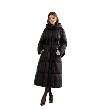 Geacă lungă cu glugă pentru femei, croială slim, umplutură din puf alb de gâscă 81–85%, material poliester, iarna 2025