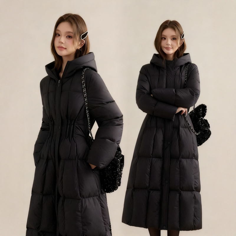 Geacă lungă cu glugă pentru femei, croială slim, umplutură din puf alb de gâscă 81–85%, material poliester, iarna 2025