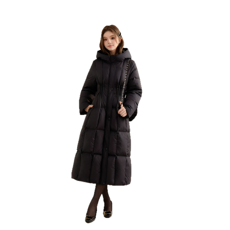 Geacă lungă cu glugă pentru femei, croială slim, umplutură din puf alb de gâscă 81–85%, material poliester, iarna 2025