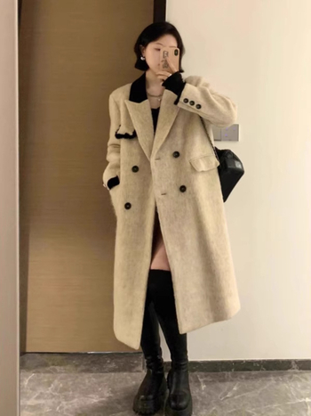 Paltoan de lână, stil coreean, închidere cu nasturi dubli, guler de sacou, lungime lungă