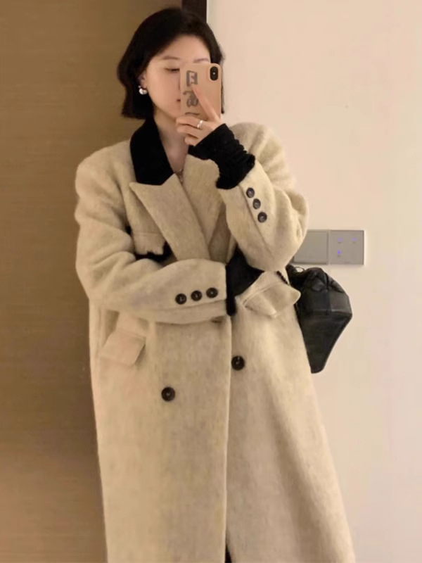 Paltoan de lână, stil coreean, închidere cu nasturi dubli, guler de sacou, lungime lungă
