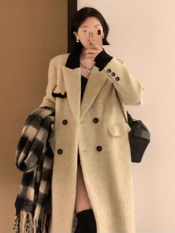 Paltoan de lână, stil coreean, închidere cu nasturi dubli, guler de sacou, lungime lungă