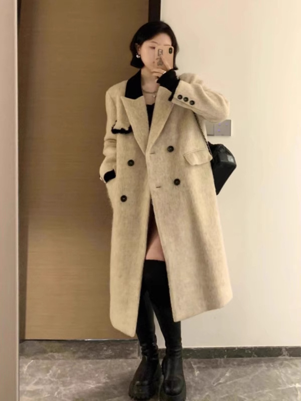 Paltoan de lână, stil coreean, închidere cu nasturi dubli, guler de sacou, lungime lungă