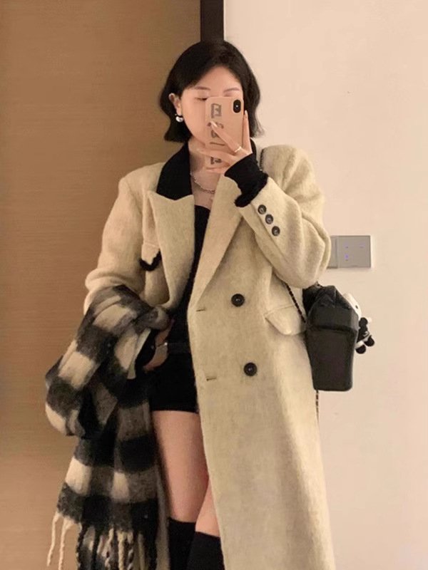 Paltoan de lână, stil coreean, închidere cu nasturi dubli, guler de sacou, lungime lungă