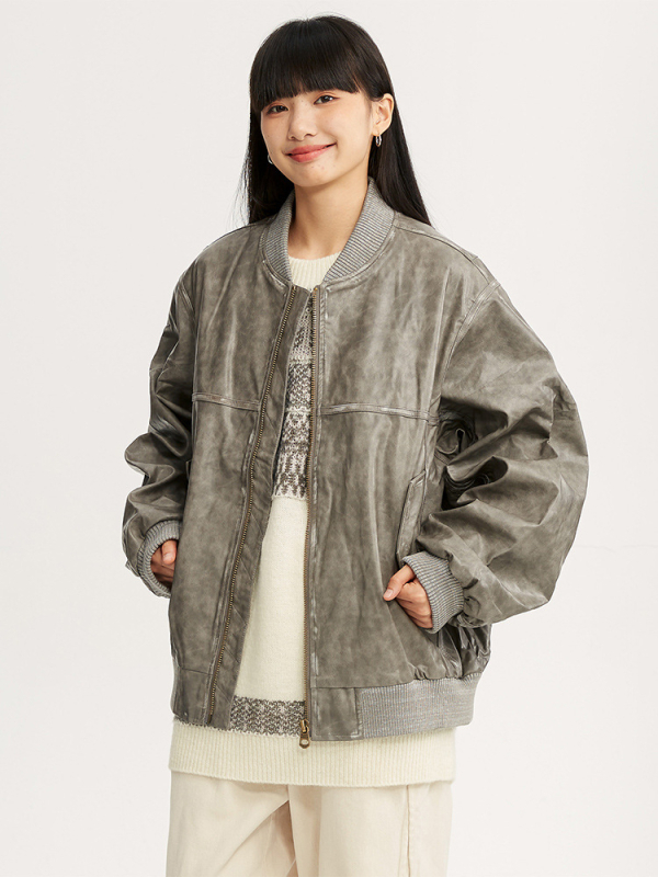 PU kožna jakna, vintage stil, stojeći ovratnik, zip, opušten kroj