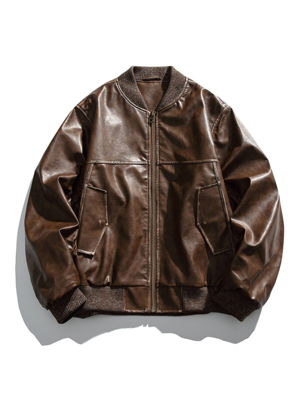 PU kožna jakna, vintage stil, stojeći ovratnik, zip, opušten kroj