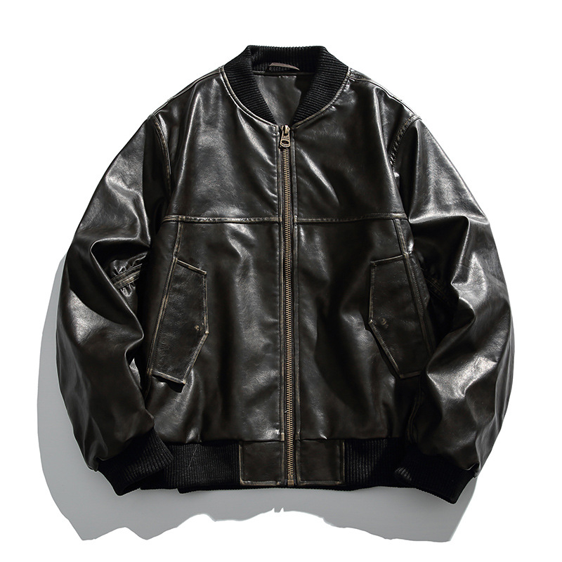 PU kožna jakna, vintage stil, stojeći ovratnik, zip, opušten kroj