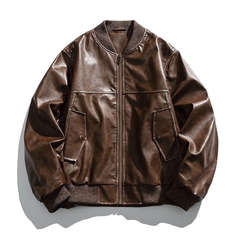 PU kožna jakna, vintage stil, stojeći ovratnik, zip, opušten kroj