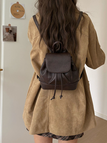 Mini rucsac pentru femei - PU, pentru uz zilnic, rucsac școlar cu închidere șnur, vara 2024, căptușeală poliester, buzunar pentru telefon