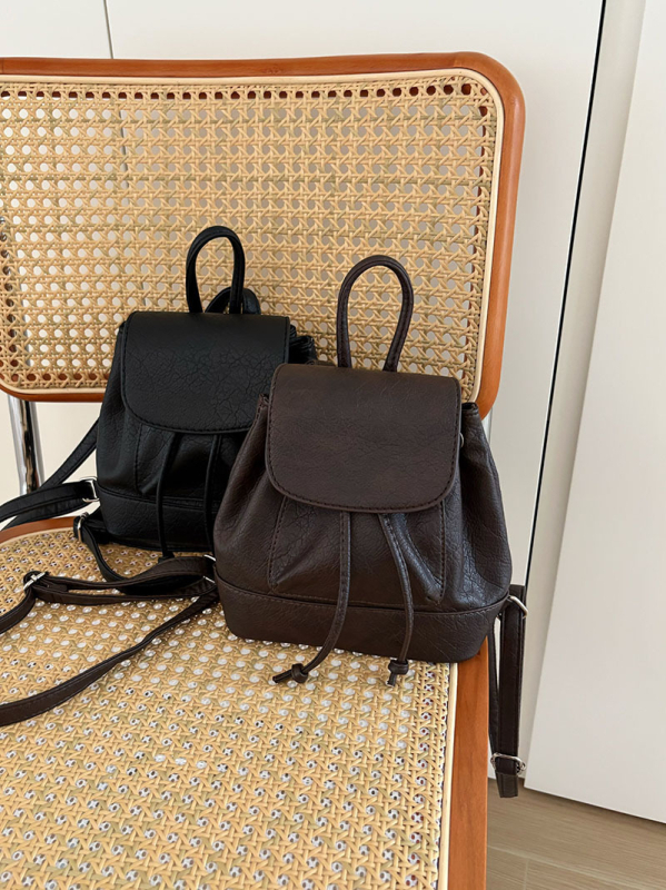 Mini rucsac pentru femei - PU, pentru uz zilnic, rucsac școlar cu închidere șnur, vara 2024, căptușeală poliester, buzunar pentru telefon