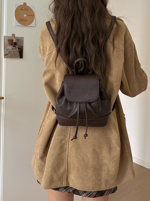 Mini rucsac pentru femei - PU, pentru uz zilnic, rucsac școlar cu închidere șnur, vara 2024, căptușeală poliester, buzunar pentru telefon