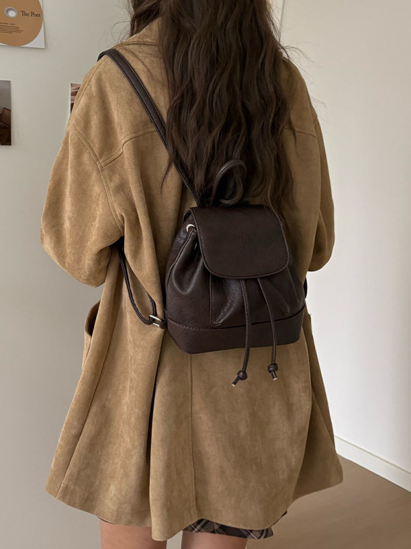 Mini rucsac pentru femei - PU, pentru uz zilnic, rucsac școlar cu închidere șnur, vara 2024, căptușeală poliester, buzunar pentru telefon