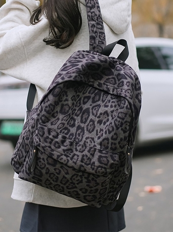 Rucsac pentru studenți cu imprimeu leopar și de vacă – Material PU, căptușeală din poliester, închidere cu fermoar, buzunar interior pentru telefon, ultra-ușor