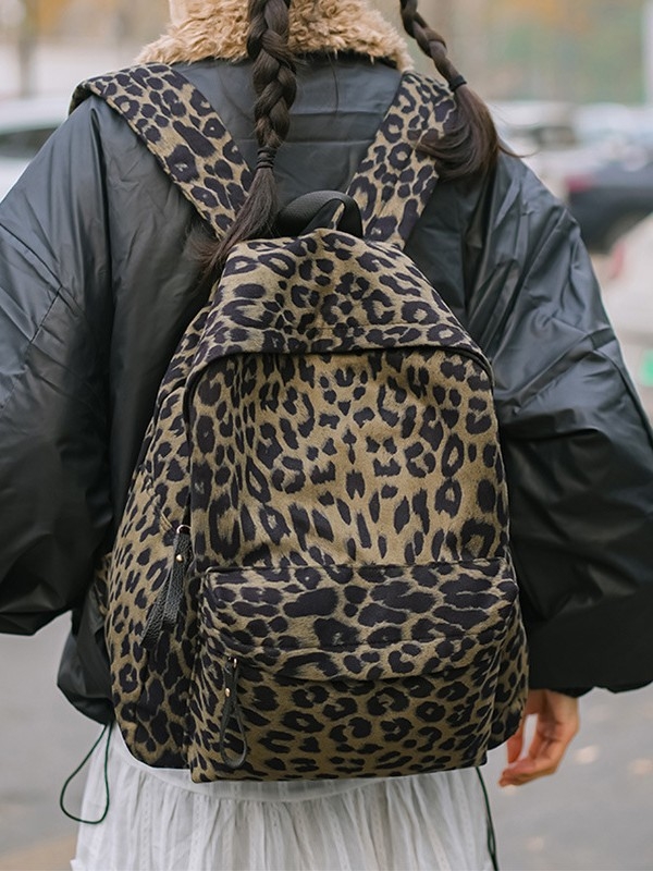 Rucsac pentru studenți cu imprimeu leopar și de vacă – Material PU, căptușeală din poliester, închidere cu fermoar, buzunar interior pentru telefon, ultra-ușor