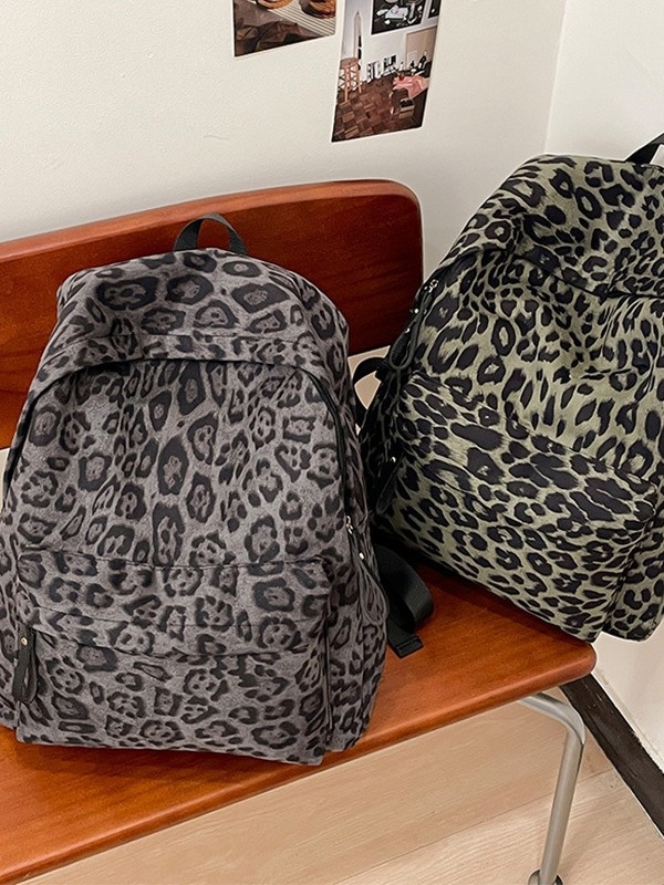 Rucsac pentru studenți cu imprimeu leopar și de vacă – Material PU, căptușeală din poliester, închidere cu fermoar, buzunar interior pentru telefon, ultra-ușor