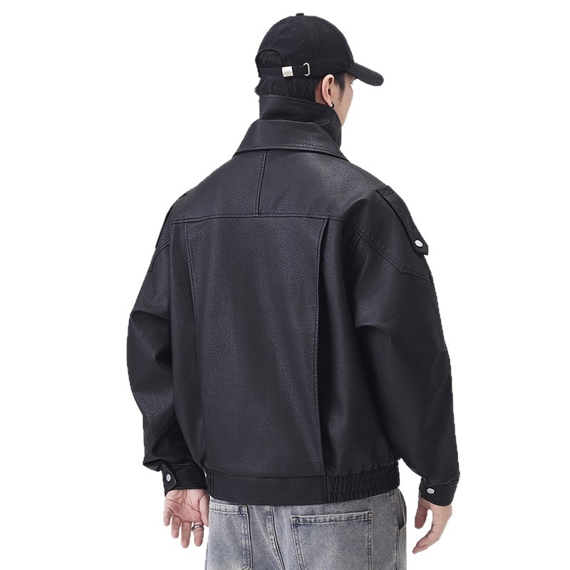 Muška kožna jakna, retro stil, slobodan kroj, bočni džepovi, zip zatvarač