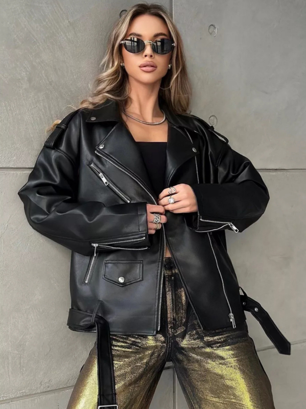 Ženska jakna od umjetne kože, ulični hipsterski stil, opušten kroj, rever ovratnik, zip zatvarač