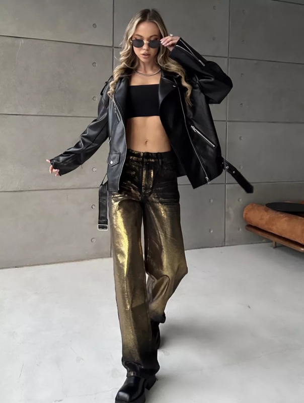 Ženska jakna od umjetne kože, ulični hipsterski stil, opušten kroj, rever ovratnik, zip zatvarač