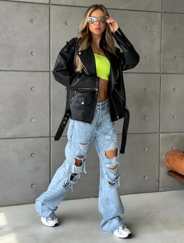 Ženska jakna od umjetne kože, ulični hipsterski stil, opušten kroj, rever ovratnik, zip zatvarač