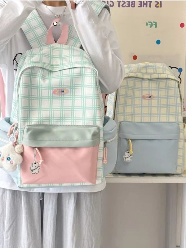 Karirani ruksak za učenike, unisex, poliester, geometrijski uzorak, velika kapaciteta, naramenice s zračnim jastučićima