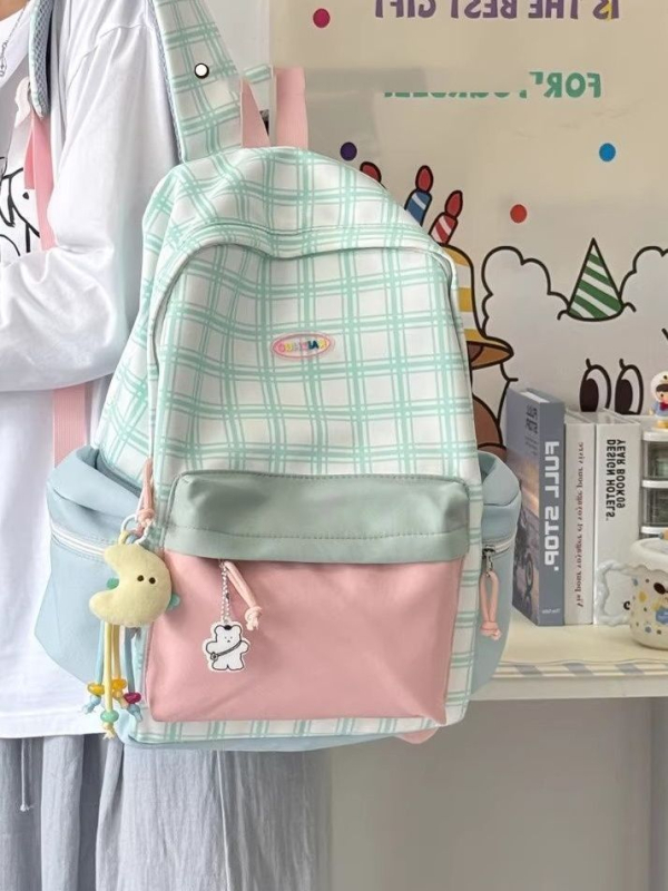 Karirani ruksak za učenike, unisex, poliester, geometrijski uzorak, velika kapaciteta, naramenice s zračnim jastučićima