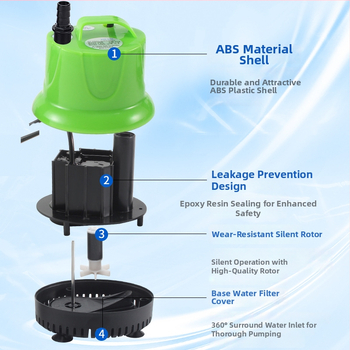 Подводна аквариумна помпа с дънно всмукване – пластмасова, за окисление на рибно езерце; вход Ø 8.5–13–20 мм; повдигане до 4.5 м