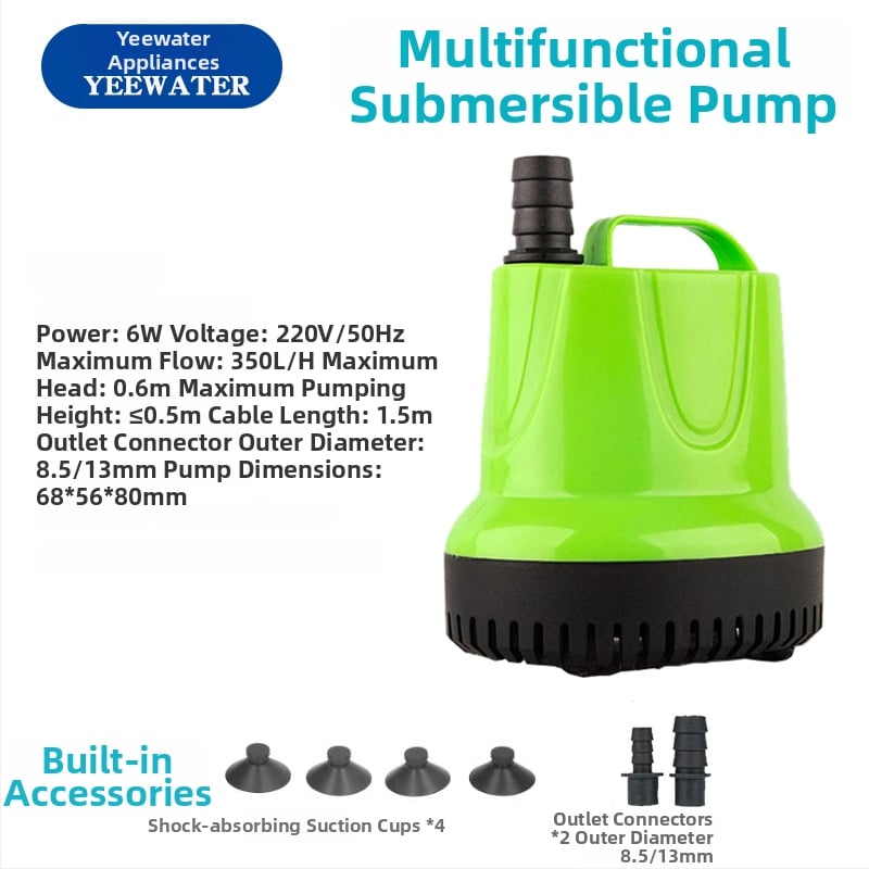 Подводна аквариумна помпа с дънно всмукване – пластмасова, за окисление на рибно езерце; вход Ø 8.5–13–20 мм; повдигане до 4.5 м