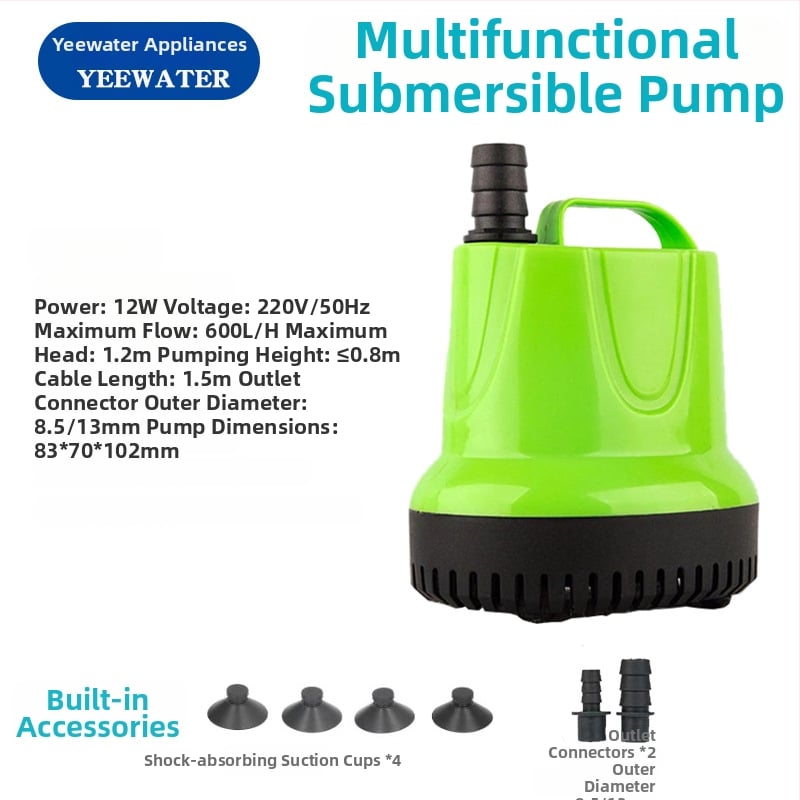 Подводна аквариумна помпа с дънно всмукване – пластмасова, за окисление на рибно езерце; вход Ø 8.5–13–20 мм; повдигане до 4.5 м