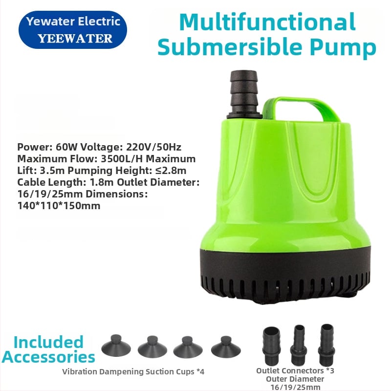 Подводна аквариумна помпа с дънно всмукване – пластмасова, за окисление на рибно езерце; вход Ø 8.5–13–20 мм; повдигане до 4.5 м