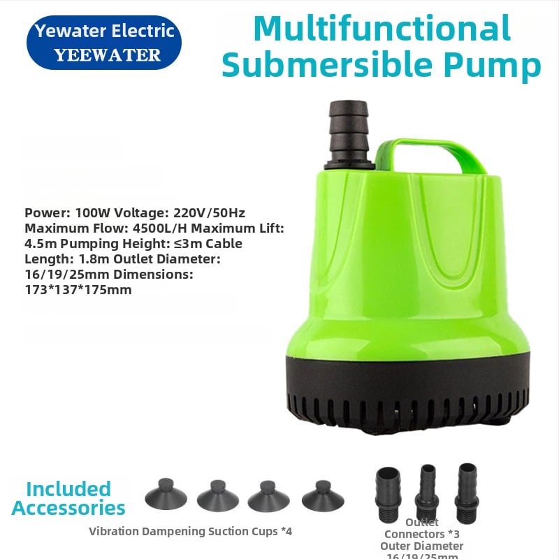 Подводна аквариумна помпа с дънно всмукване – пластмасова, за окисление на рибно езерце; вход Ø 8.5–13–20 мм; повдигане до 4.5 м