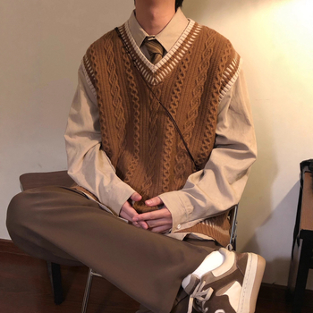 Мъжки плетен жилет с V-образно деколте, без ръкави, свободна кройка, японски стил, съдържание на вълна 46–50%, есен 2025