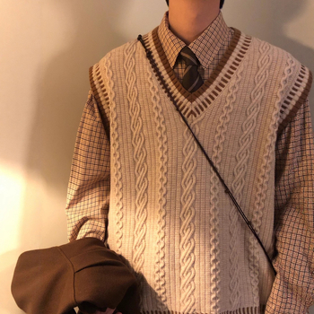 Мъжки плетен жилет с V-образно деколте, без ръкави, свободна кройка, японски стил, съдържание на вълна 46–50%, есен 2025