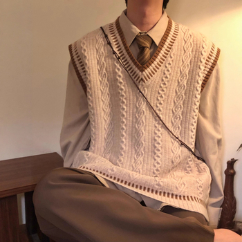 Мъжки плетен жилет с V-образно деколте, без ръкави, свободна кройка, японски стил, съдържание на вълна 46–50%, есен 2025