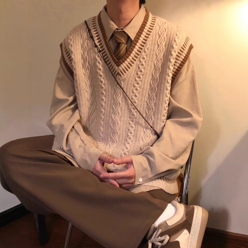Мъжки плетен жилет с V-образно деколте, без ръкави, свободна кройка, японски стил, съдържание на вълна 46–50%, есен 2025