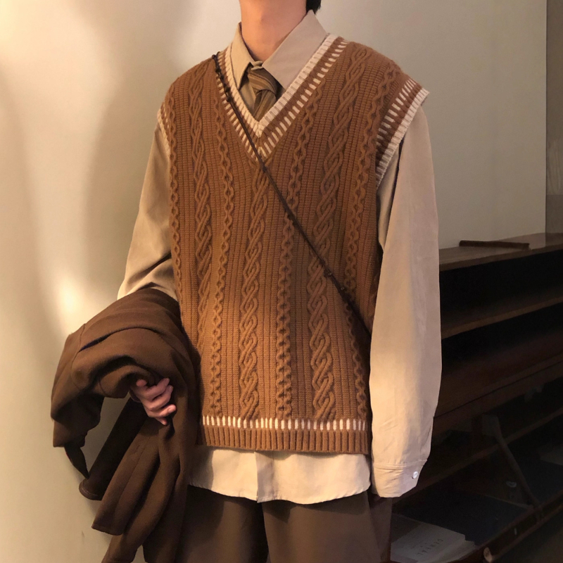 Мъжки плетен жилет с V-образно деколте, без ръкави, свободна кройка, японски стил, съдържание на вълна 46–50%, есен 2025