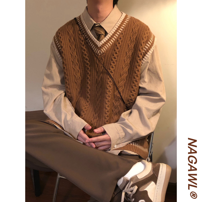 Мъжки плетен жилет с V-образно деколте, без ръкави, свободна кройка, японски стил, съдържание на вълна 46–50%, есен 2025