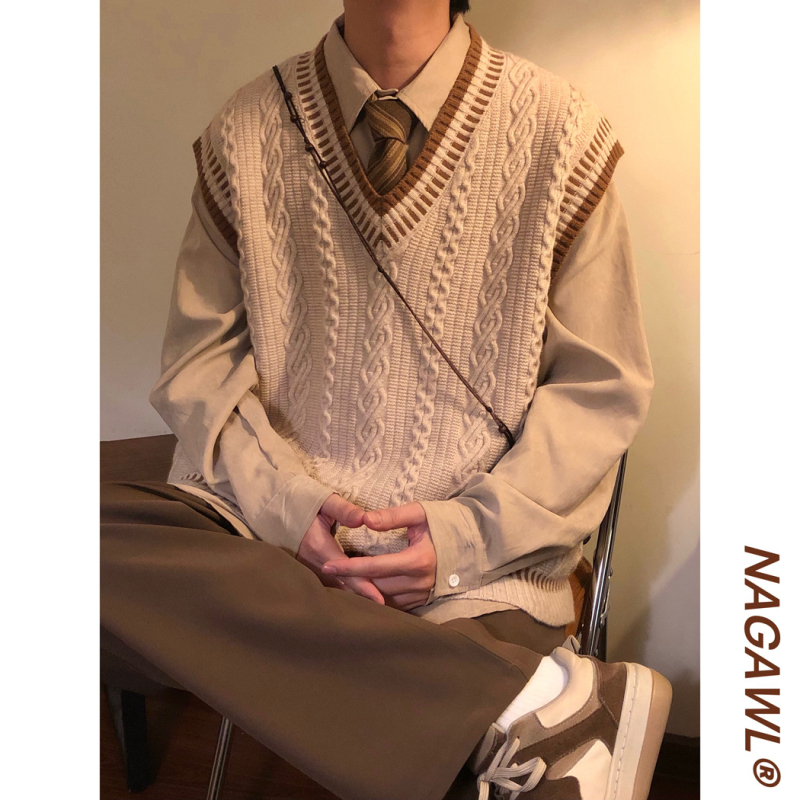 Мъжки плетен жилет с V-образно деколте, без ръкави, свободна кройка, японски стил, съдържание на вълна 46–50%, есен 2025