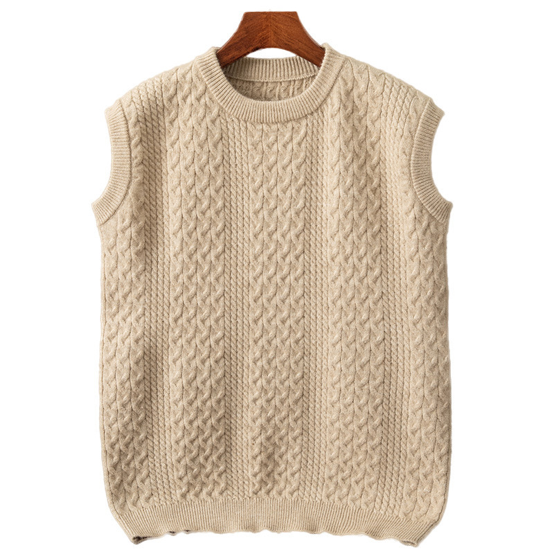 Мъжки плетен елек, без яка, без ръкав, удебелен, кабелна плетка, Есен 2023
