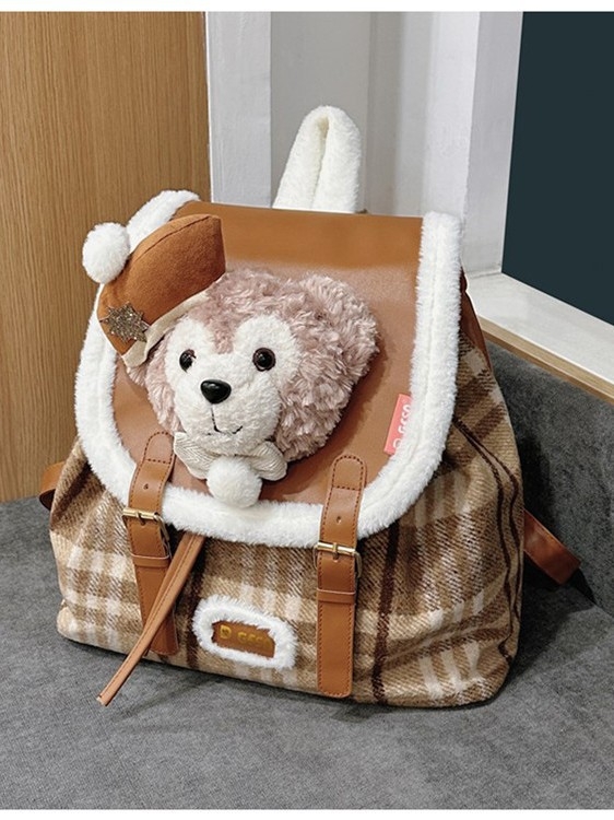 Ruksak s plišanim Duffy medvjedom, anime karikaturni uzorak, vuneni materijal, podstava od poliestera, velika kapaciteta
