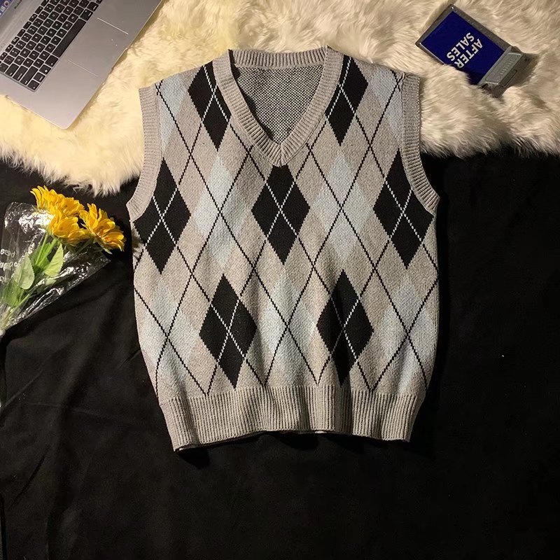 Мъжка безръкавна плетена жилетка с каре, стойкова яка, свободен силует, вълна 91-95%