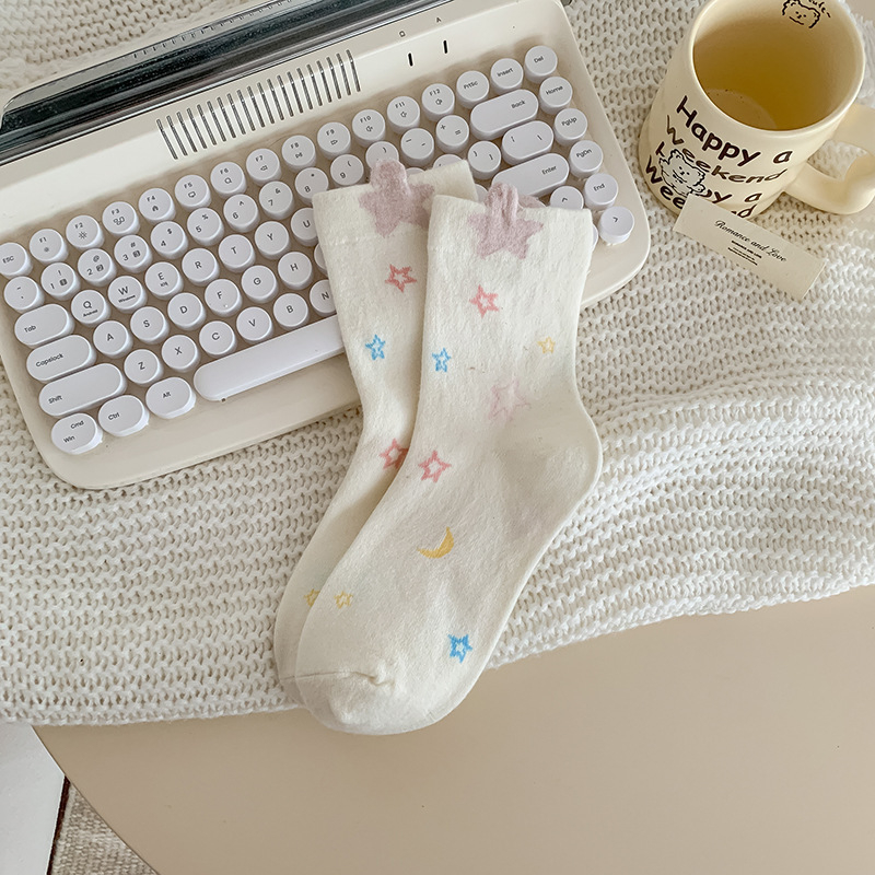 Dámske ponožky z Rabbit Hair, vzor Anime Cartoon, Mid-Calf dĺžka, odvádzajú pot, pletené jednou ihlou