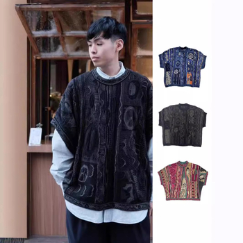 Pleteni bez rukava prsluk s okruglim izrezom, jacquard tkanina, uzorak Bitter Melon, slobodan kroj