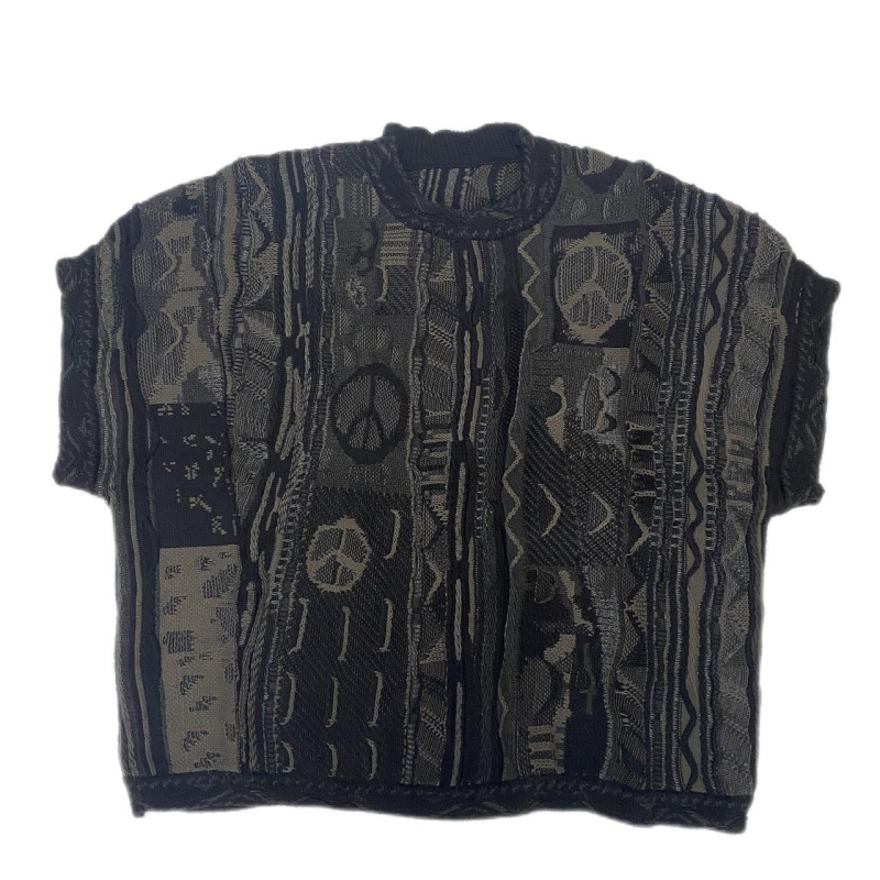 Pleteni bez rukava prsluk s okruglim izrezom, jacquard tkanina, uzorak Bitter Melon, slobodan kroj