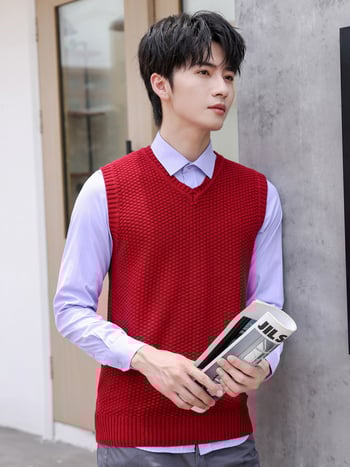 Мъжка плетена безръкавна жилетка - корейски стил, V-образно деколте, 100% памук